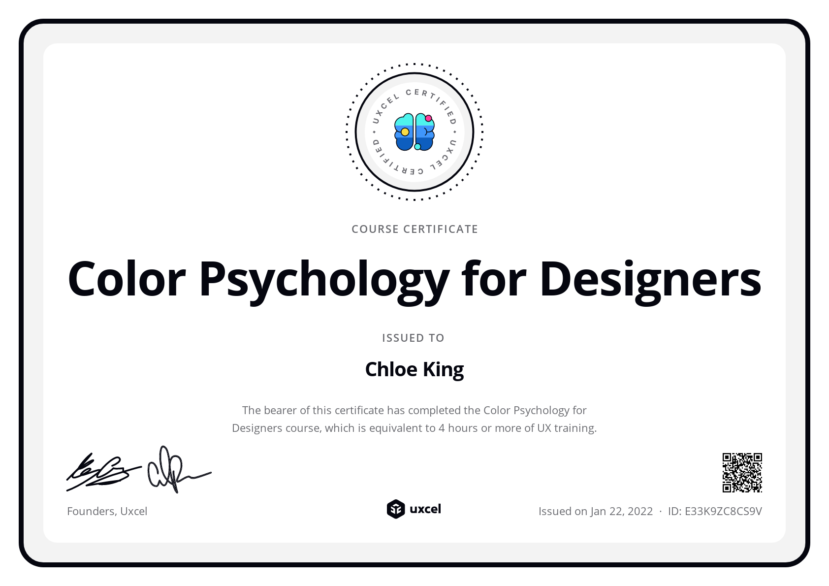 Chloe King's certificate
